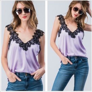 Lavender eyelash black lace cami. Smooth Satin.